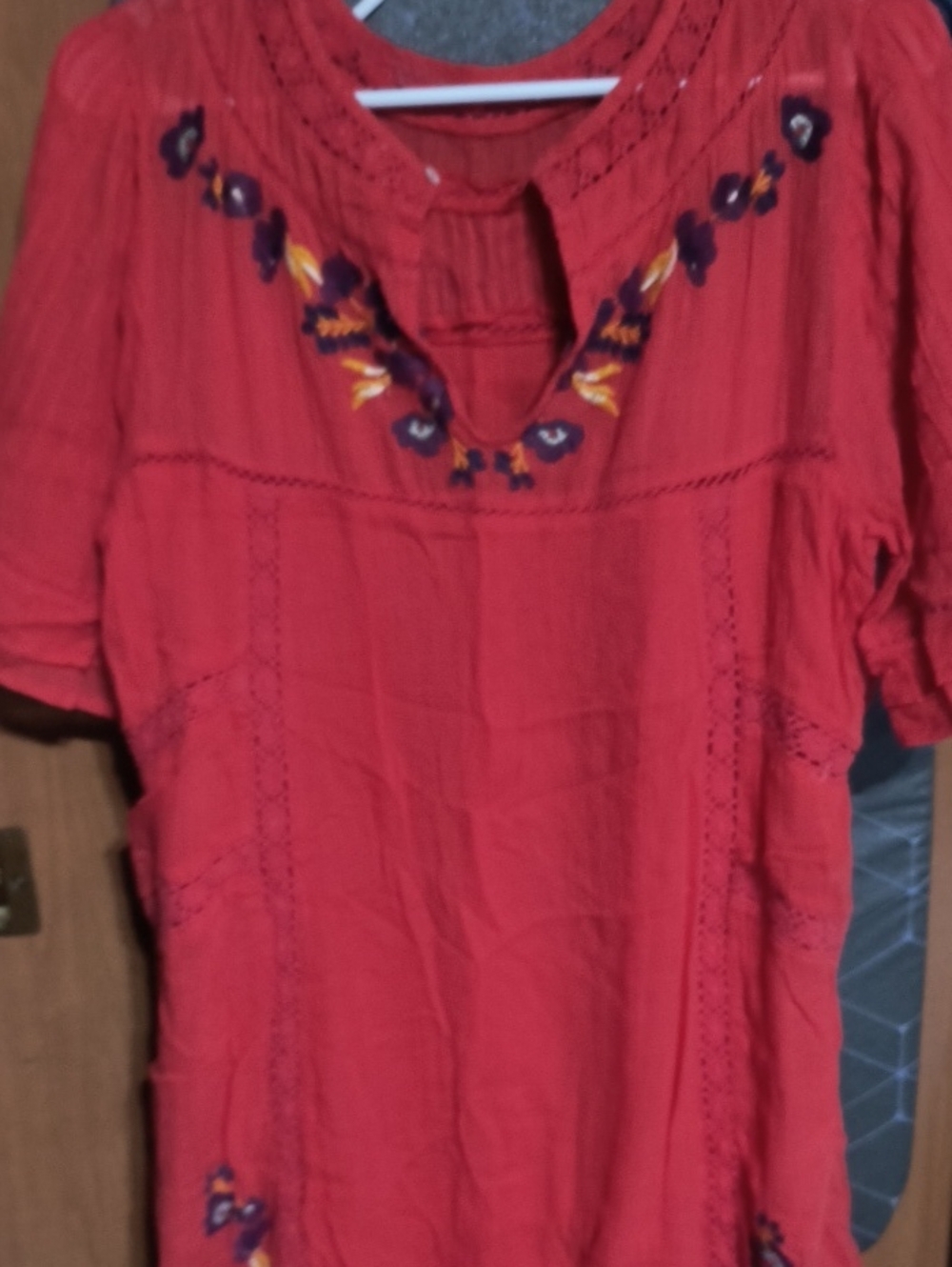 Free People Coral Red Embroidered Boho Tunic